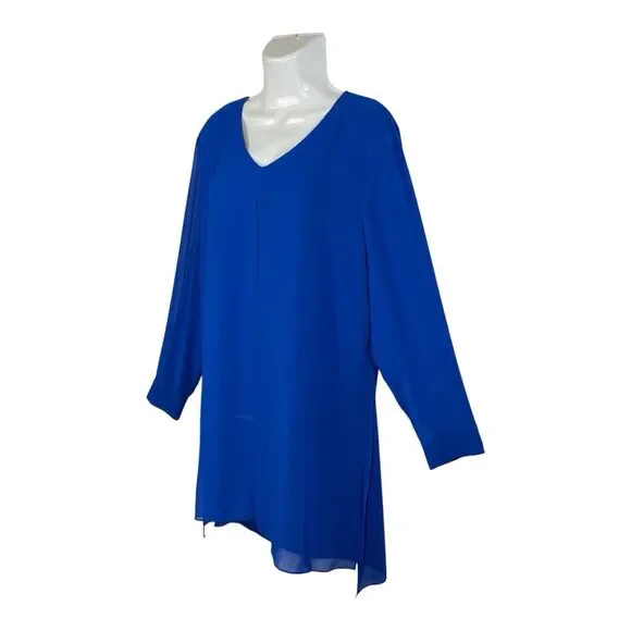 Chico's 2 Long Split Front Tunic Top Large Sheer Long Sleeve Royal Blue Layered - Picture 4 of 10
